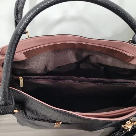 Black Faux Leather Tote Satchel Crossbody Purse Pink Trim w/ Pom Pom Charm Twill - Picture 7 of 8